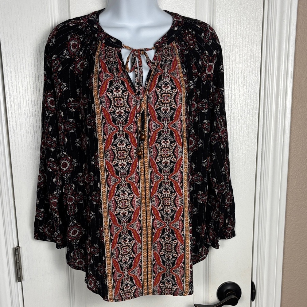 Mason & Belle Women's Boho Long Sleeve Elastic Wrist Tie Neck Blouse Sz S NWT